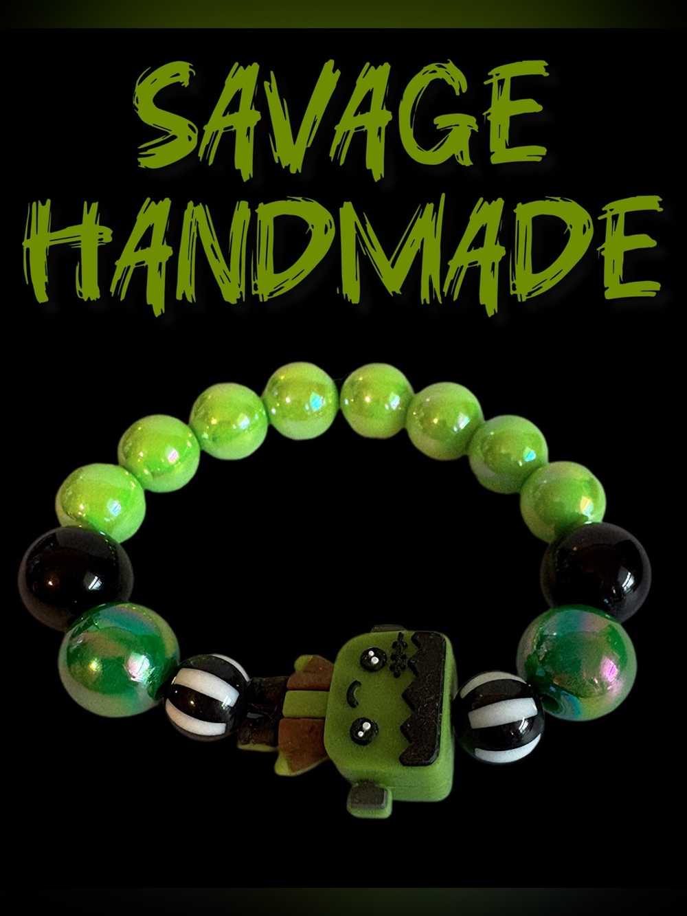 Handmade Baby Frankenstein Charm Beaded Stretch Bracelet